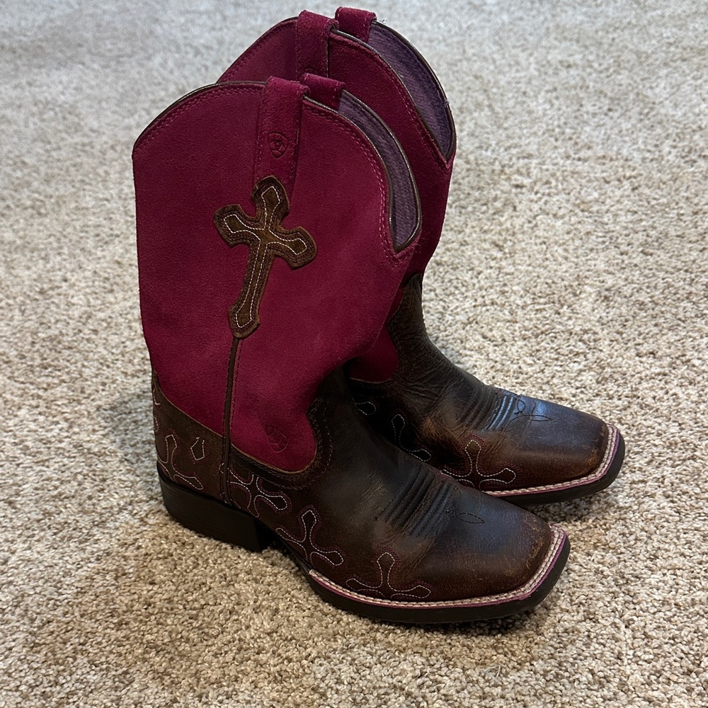 Ariat Kids Western Boots Brown Leather with Burgundy Shaft
